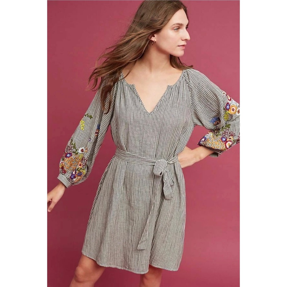 Feather & Bone Anthropologie Lindsey Striped Embroidered Balloon Sleeve Dress L‎